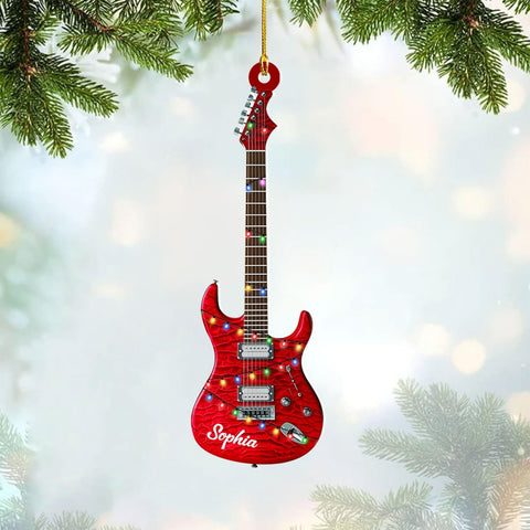 Personalized Acoustic Guitar Ornament - Guitar Christmas Plastic Wooden Ornament, Musical Instrument for Band, Red Electric Guitar Instrument, Custom Name Gift for Guitarist, Songs Music Notes (GT5)