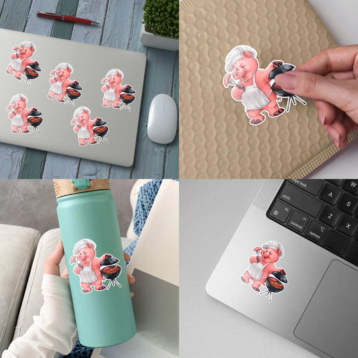 (3Pcs) BBQ Grilling Barbeque Grill Vinyl Sticker Waterproof Decal, A Pig Standing & Grilling BBQ, Barbeque Stickers, Piggy Stickers - Sticker for Laptop Water Bottle Phone Car Window Helmet 3"