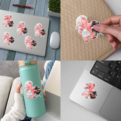 3Pcs BBQ Grilling Barbeque Grill Vinyl Sticker Waterproof Decal, A Pig Standing & Grilling BBQ, Barbeque Stickers, Piggy Stickers - Sticker for Laptop Water Bottle Phone Car Window Helmet 3"
