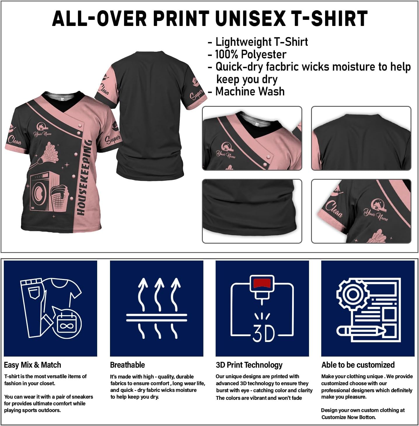 Personalized Housekeeping Shirts, Custom Cleaning Uniforms for Women 3D Cleaning Service Gifts Housekeeper Shirt Clean Lady
