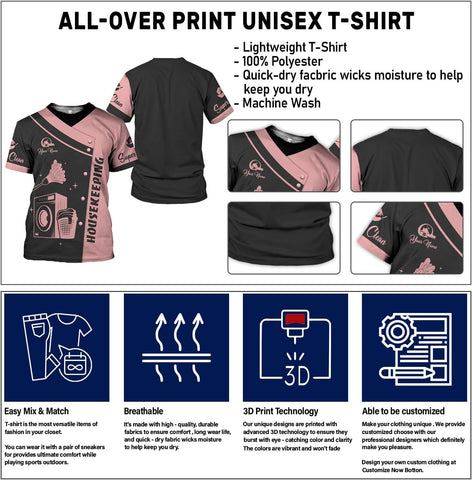 Personalized Housekeeping Shirts, Custom Cleaning Uniforms for Women 3D Cleaning Service Gifts Housekeeper Shirt Clean Lady
