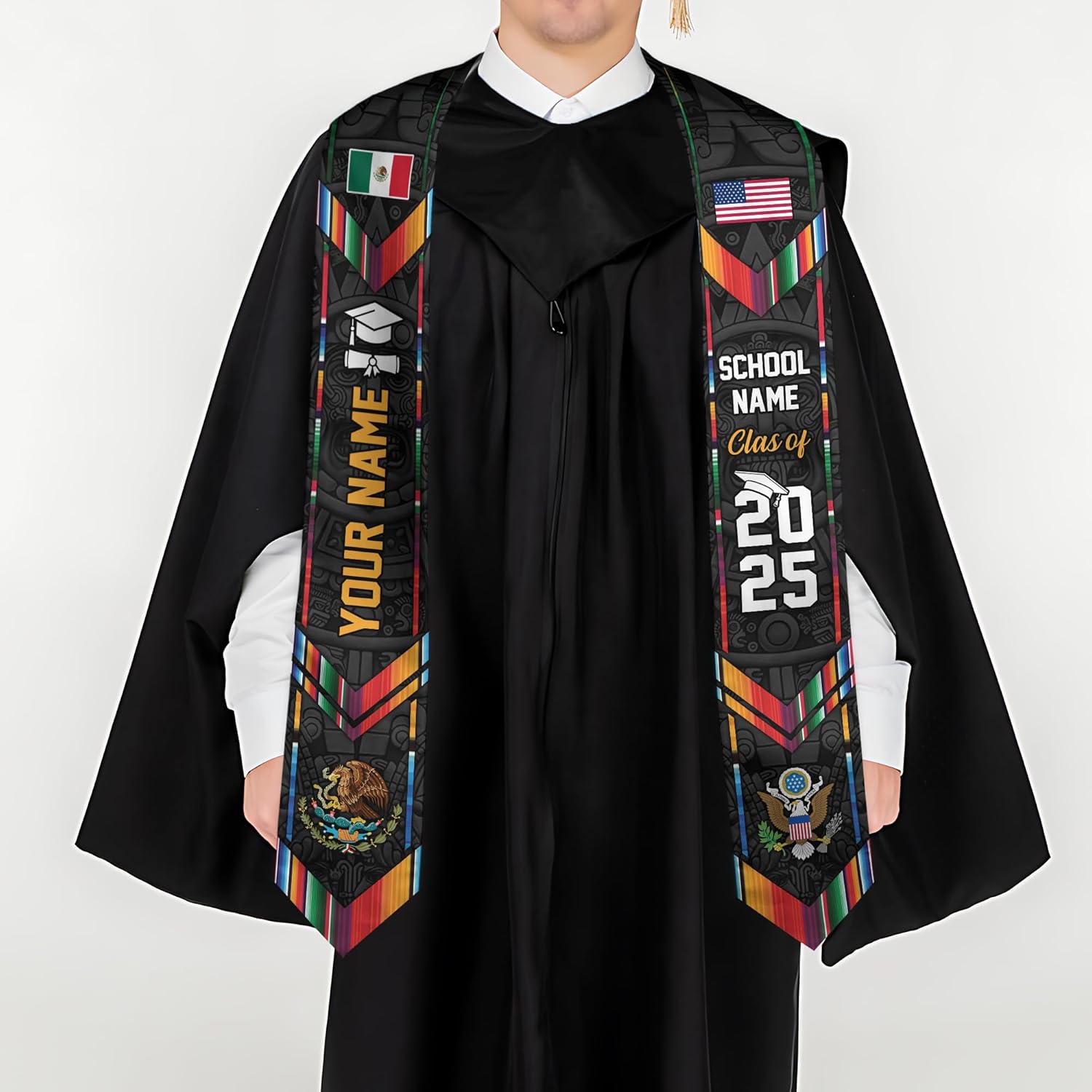 Custom Mexican Graduation Sash, Mexico Graduation Stole Customize Photo, Mexican American Flag Graduation Sash 2025