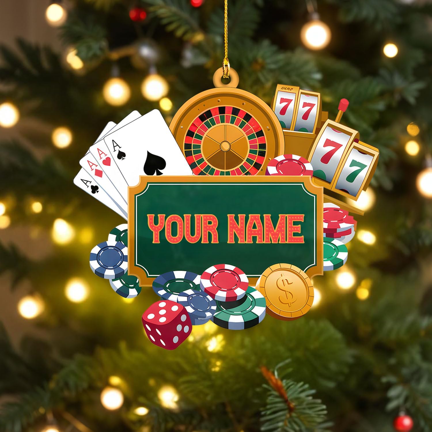 MAPrints Personalized Poker Christmas Ornament 2024, Poker Player Ornament, Sport Keepsake Present, Playing Cards Deck Wood Game Ornaments, Poker Aces Cards Chips Gambling Ornament (PK 4)