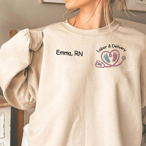 Suseaz Personalized Labor and Delivery Nurse Embroidered Sweatshirt, LD Sweatshirt Hoodie, L&D Sweater for Women
