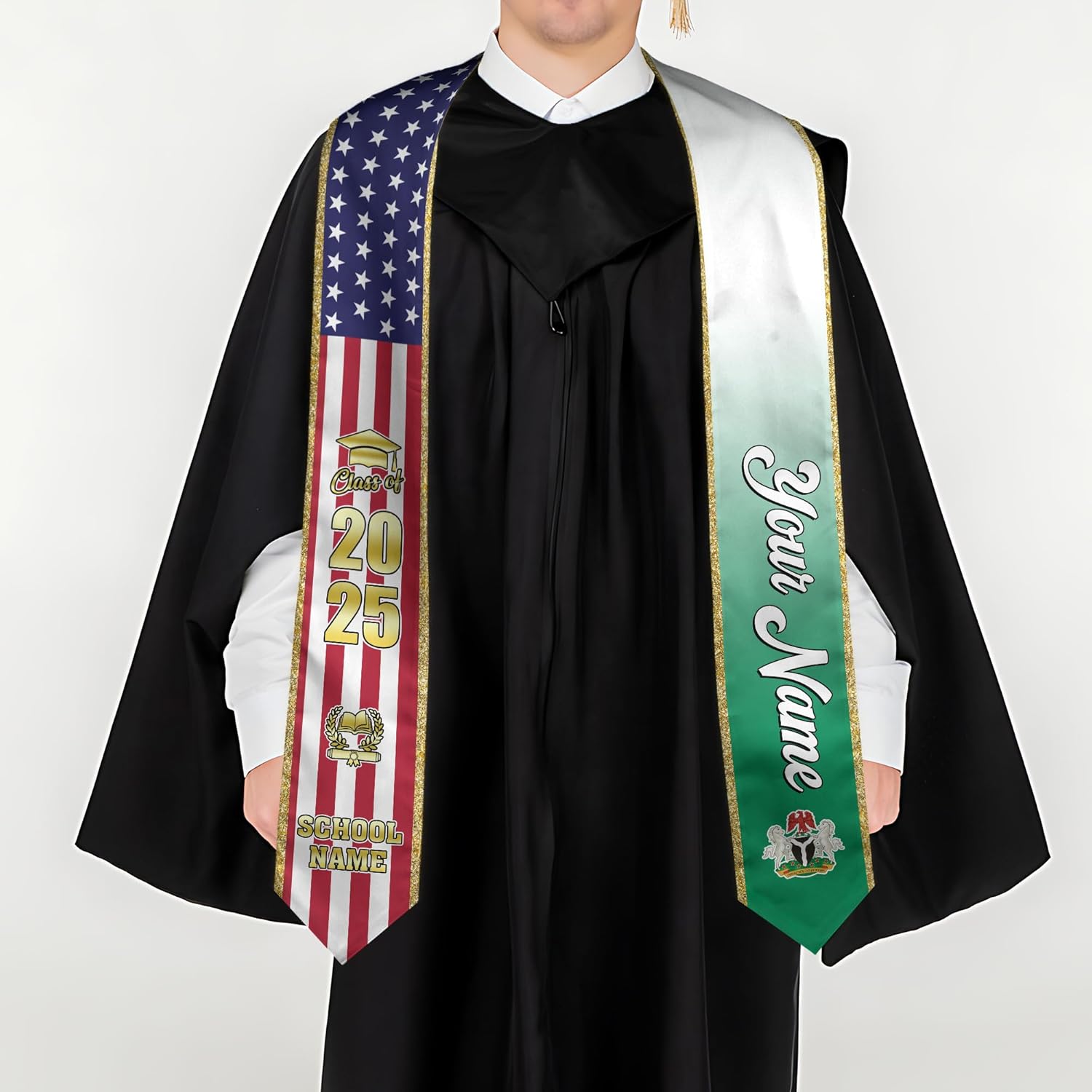 Pretyprints Custom Nigerian Graduation Sash, Nigeria Graduation Stole Customize, Nigerian American Flag Graduation Sash 2025