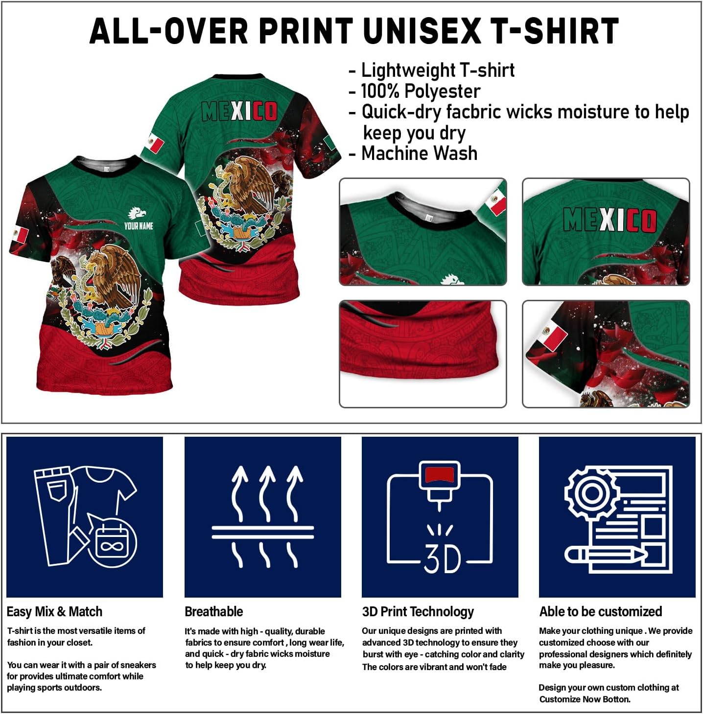 Mostefy Personalized Name Mexican Shirts 3D Customized Mexico Shirt US Flag, Mexican Shirts for Women Unisex