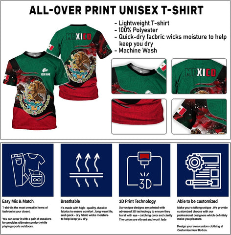 Mostefy Personalized Name Mexican Shirts 3D Customized Mexico Shirt US Flag, Mexican Shirts for Women Unisex