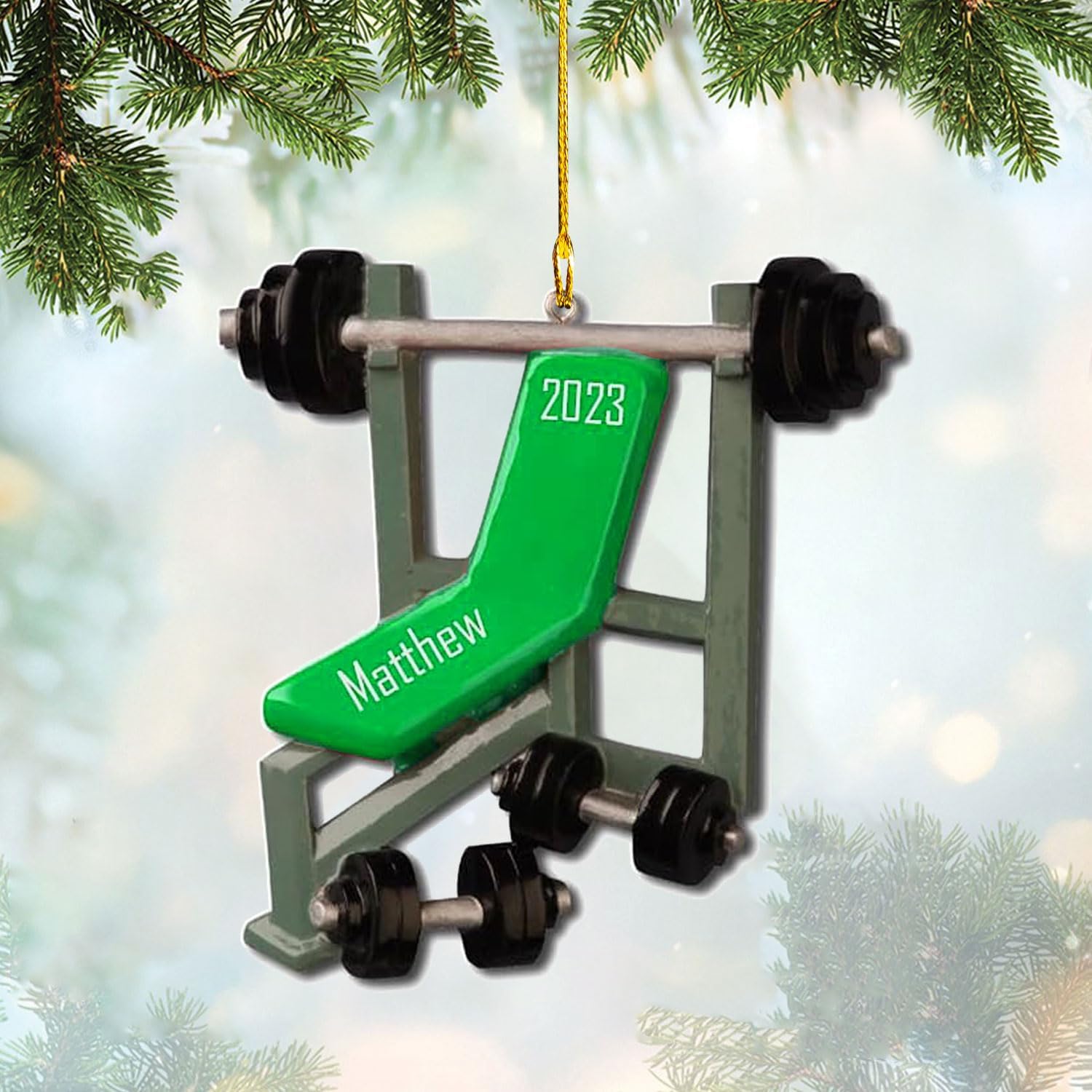 HomeDesign Personalized Dumbbell Ornament, Fitness Gift for Gym Workout Trainer Coach Instructor, Barbell Weight Plates Custom Ornament for Weightlifter, Weightlifting Ornament (D12)