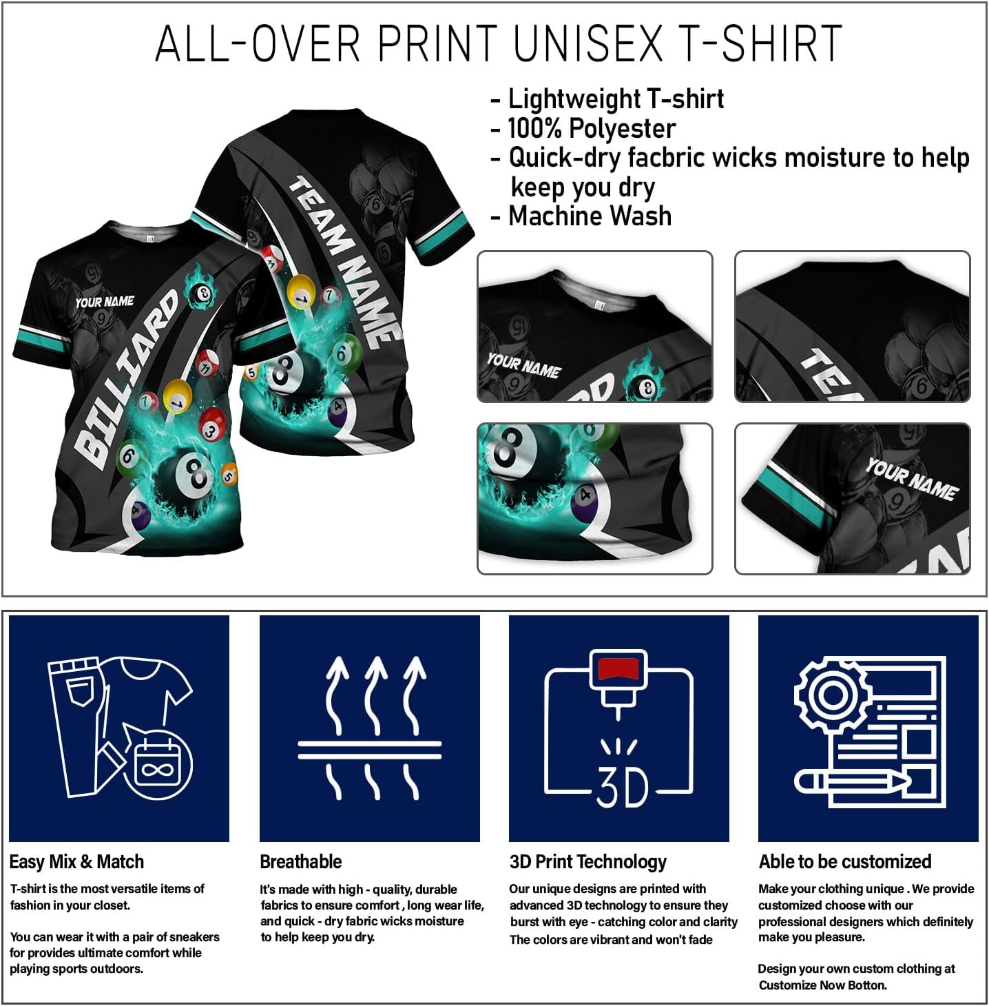AOVL Personalized Billiard Shirts 3D Billiard Shirt Custom Billiard Flag Shirt Men's Pool Billiards Shirt 8 Ball Men Women