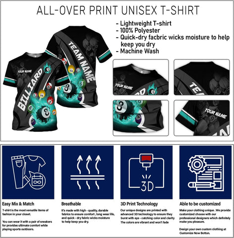 AOVL Personalized Billiard Shirts 3D Billiard Shirt Custom Billiard Flag Shirt Men's Pool Billiards Shirt 8 Ball Men Women