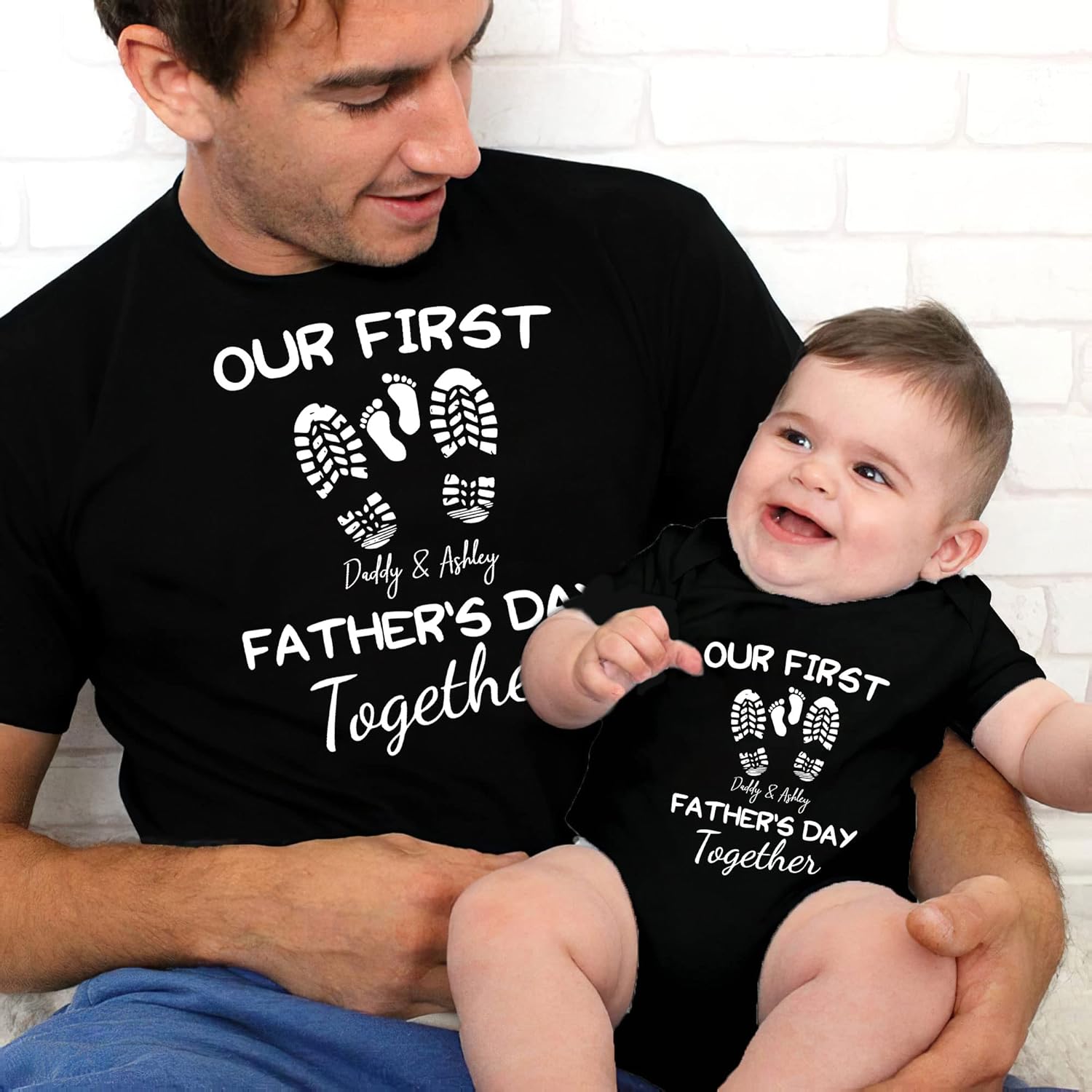 Personalized Dad Shirt Father's Day Matching Tee Set Gift for Dad and Child Daddy Tshirt Baby Onesie Shirt Gifts for Father (1st with Footprints)
