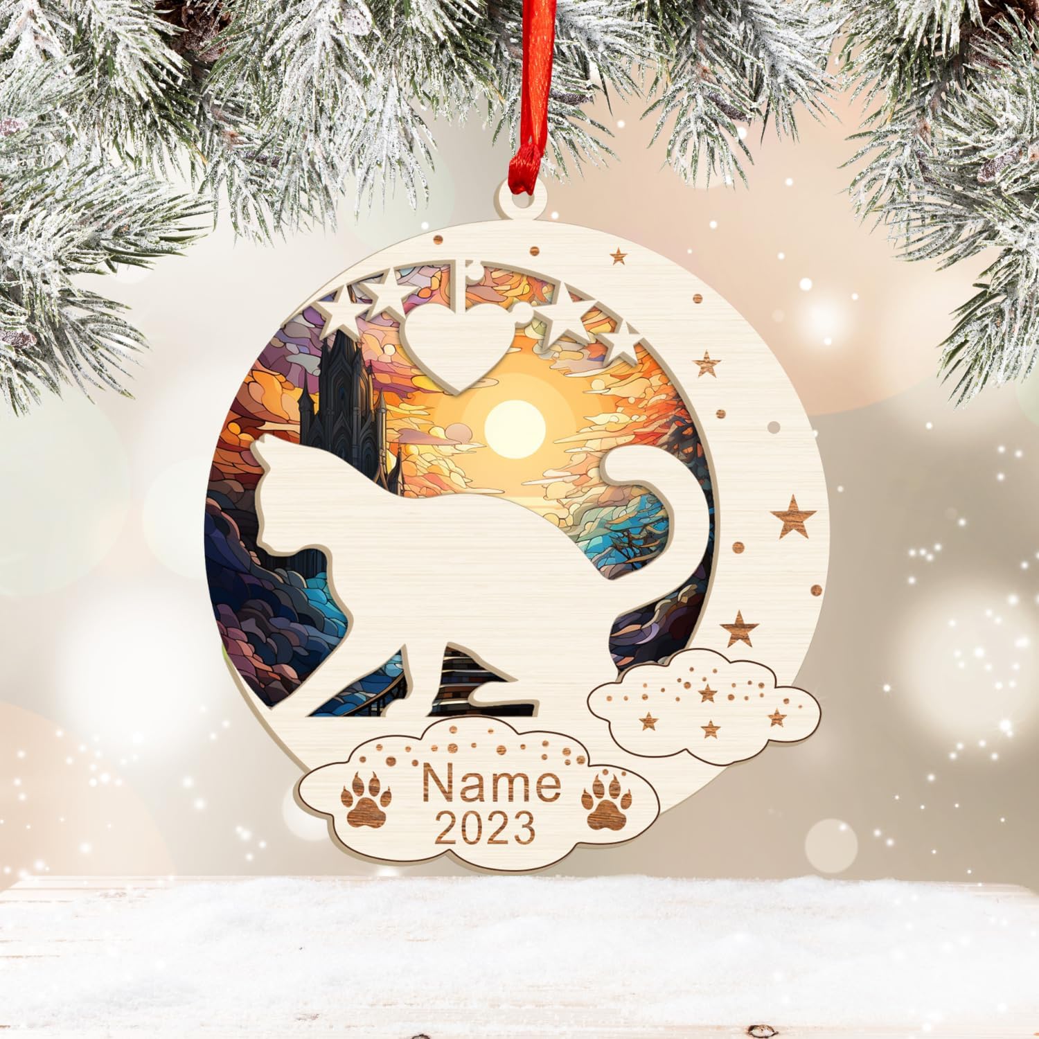 MAPrints Personalized Cat Christmas Ornaments, Cat First Christmas Suncatcher Wood Ornaments, Gifts for Cat Lovers, Cat Memorial Ornament, Forever Loved Cat Keepsake, Cat Loss Gifts (CAT 20)