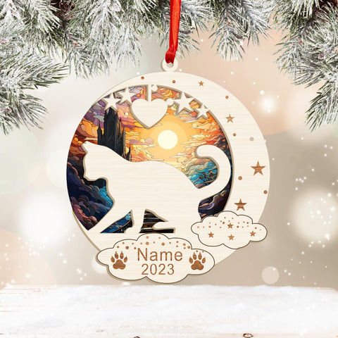 MAPrints Personalized Cat Christmas Ornaments, Cat First Christmas Suncatcher Wood Ornaments, Gifts for Cat Lovers, Cat Memorial Ornament, Forever Loved Cat Keepsake, Cat Loss Gifts (CAT 20)