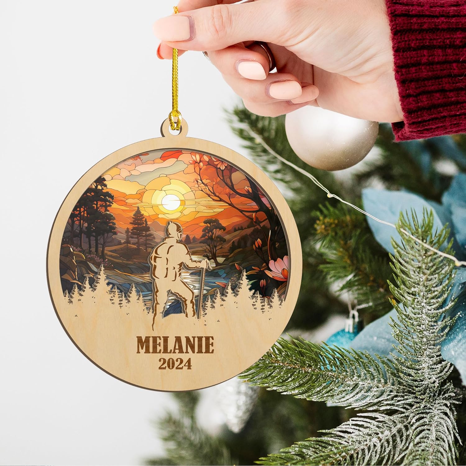 MAPrints Personalized Mountain Hiking Ornament, Hiker Ornament, Suncatcher Wood Sport Christmas Ornament, Gifts for Hiking Lovers Hiking Backpack, Hanging Ornament for Christmas 2024 (Hiki 1)