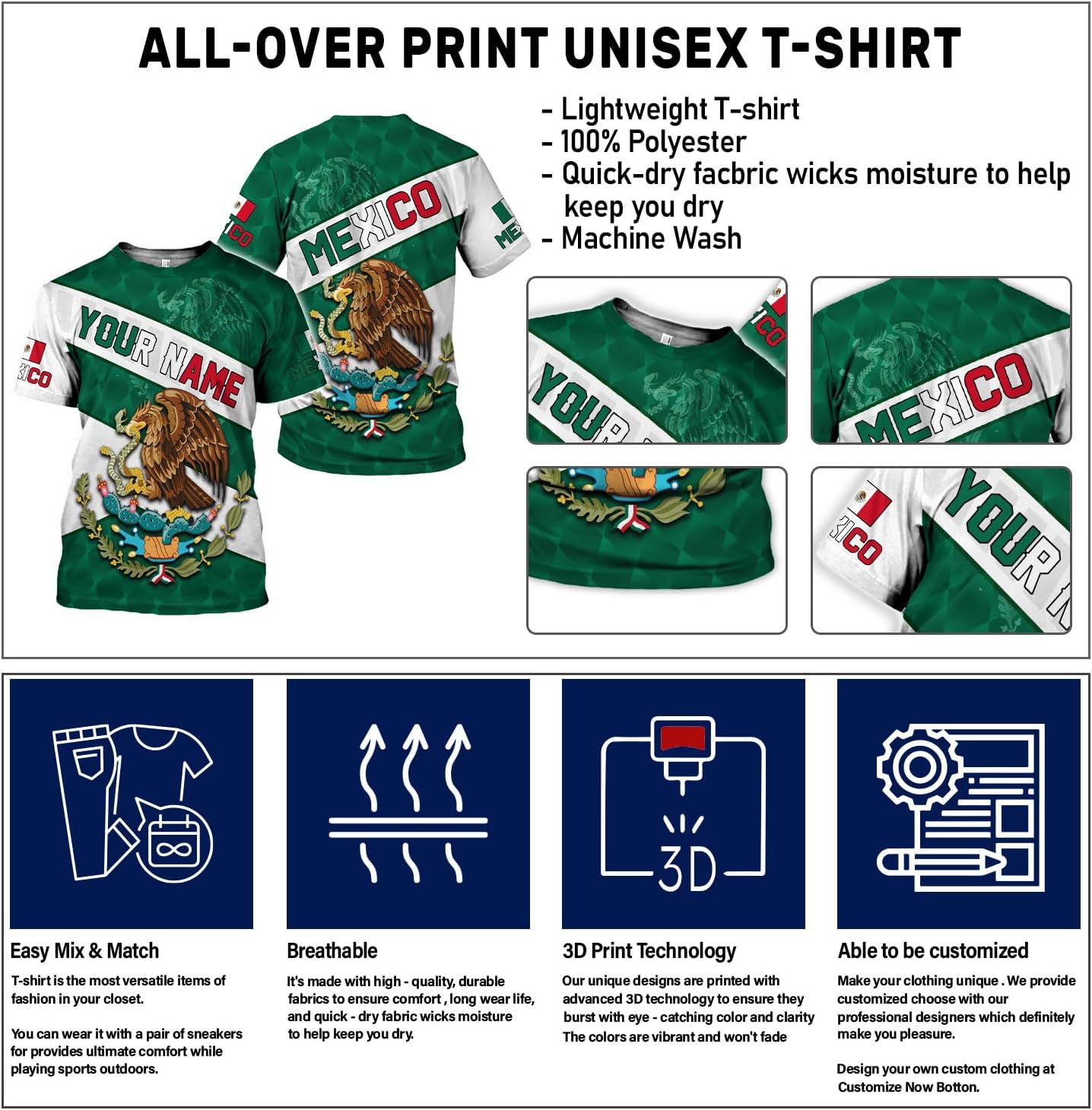 Mostefy Personalized Name Mexican Shirts 3D Customized Mexico Shirt US Flag, Mexican Shirts for Women Unisex
