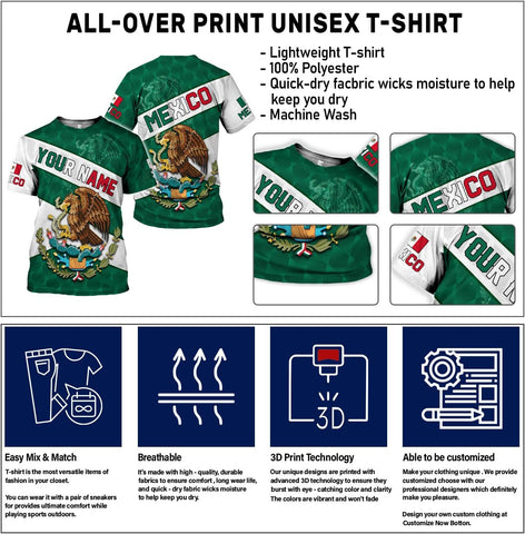 Mostefy Personalized Name Mexican Shirts 3D Customized Mexico Shirt US Flag, Mexican Shirts for Women Unisex