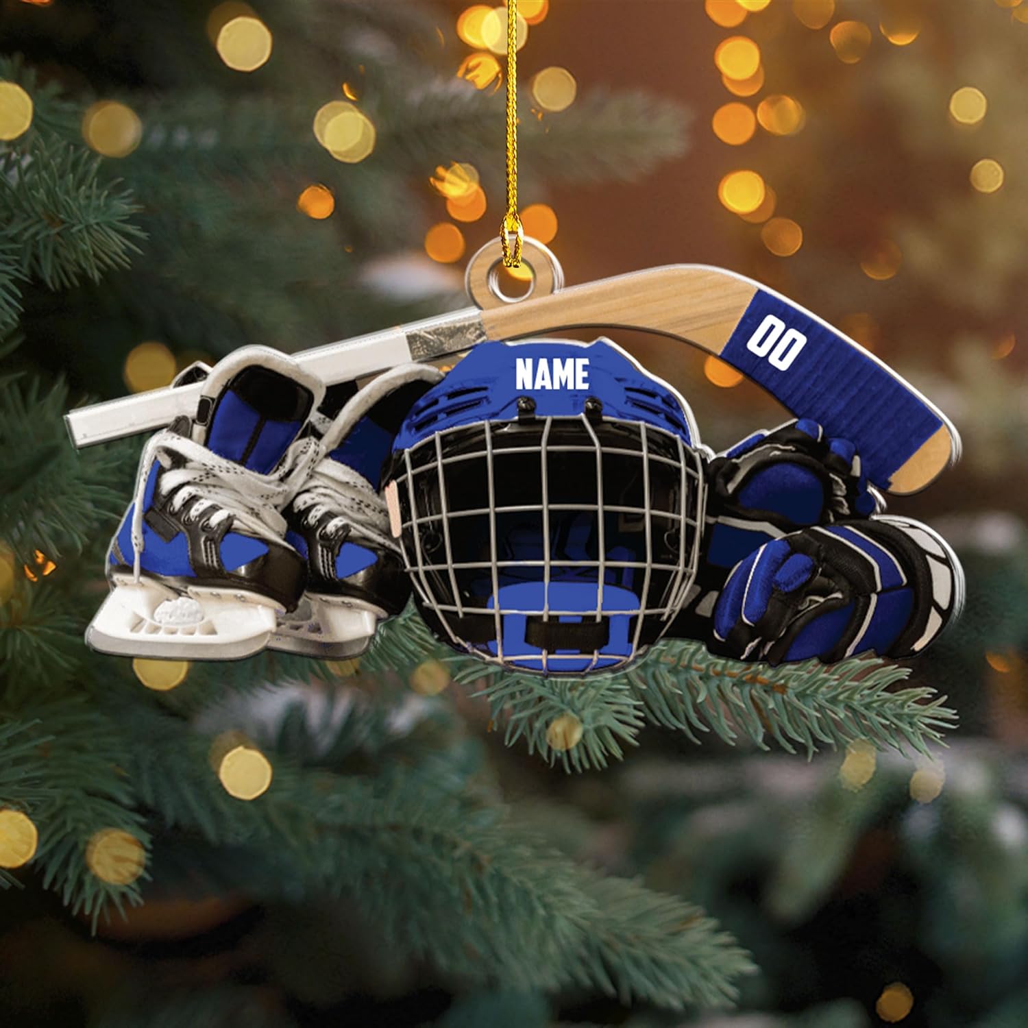 AOVL Personalized Hockey Christmas Ornament, Hockey Skates Helmet and Stick, Hockey Player Ornament, Hockey Ornament, Hockey Flat Ornament, Gift for Hockey Lovers Christmas Tree Decor (HK3)