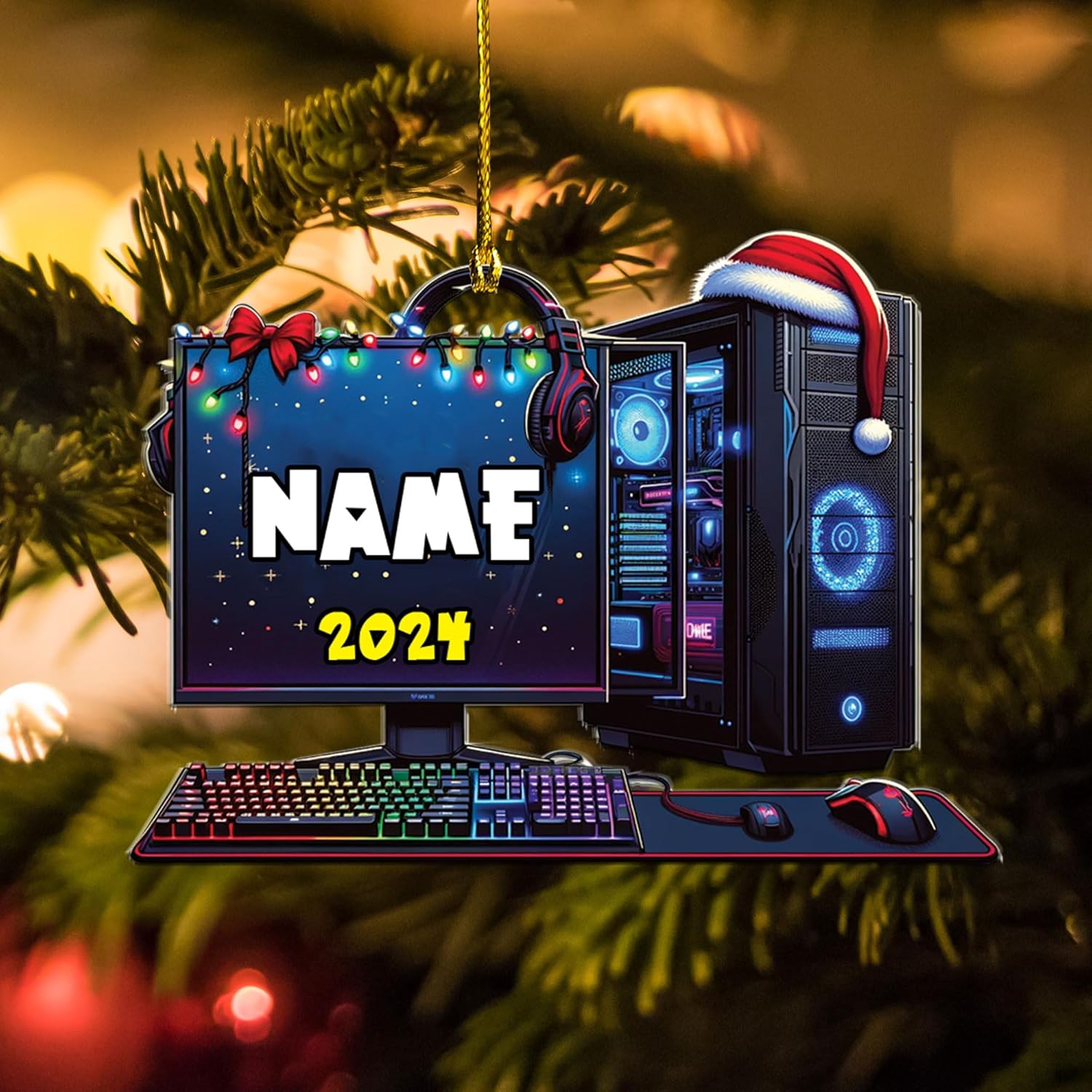 Podagree Personalized Name PC Computer Ornament Christmas, Shape Flat Christmas Ornament for Gamer, Gaming Gamer Christmas Ornament Gift for Boys, PC Game Player Decoration with Custom Name (CPT1)