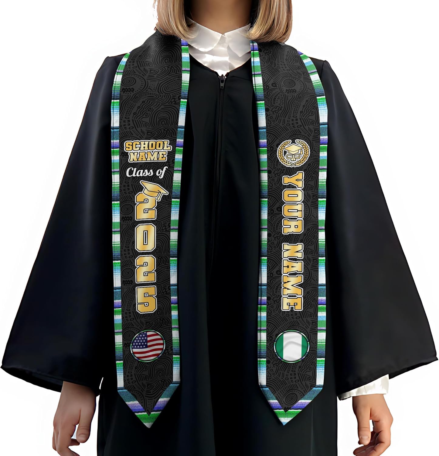 Pretyprints Custom Nigerian Graduation Sash, Nigeria Graduation Stole Customize, Nigerian American Flag Graduation Sash 2025