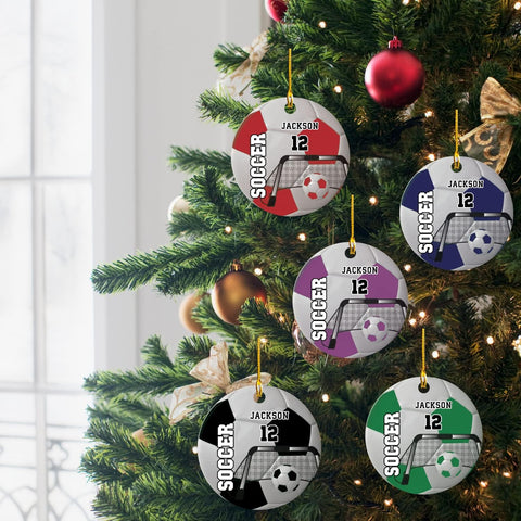 Mostprints Personalized Name and Numer Soccer Christmas Ornament 2023, Custom Soccer Ornaments for Xmas, Soccer Ornament Handmade from Wood Tree Hanging Ornament Pine Tree Decorations for Couple