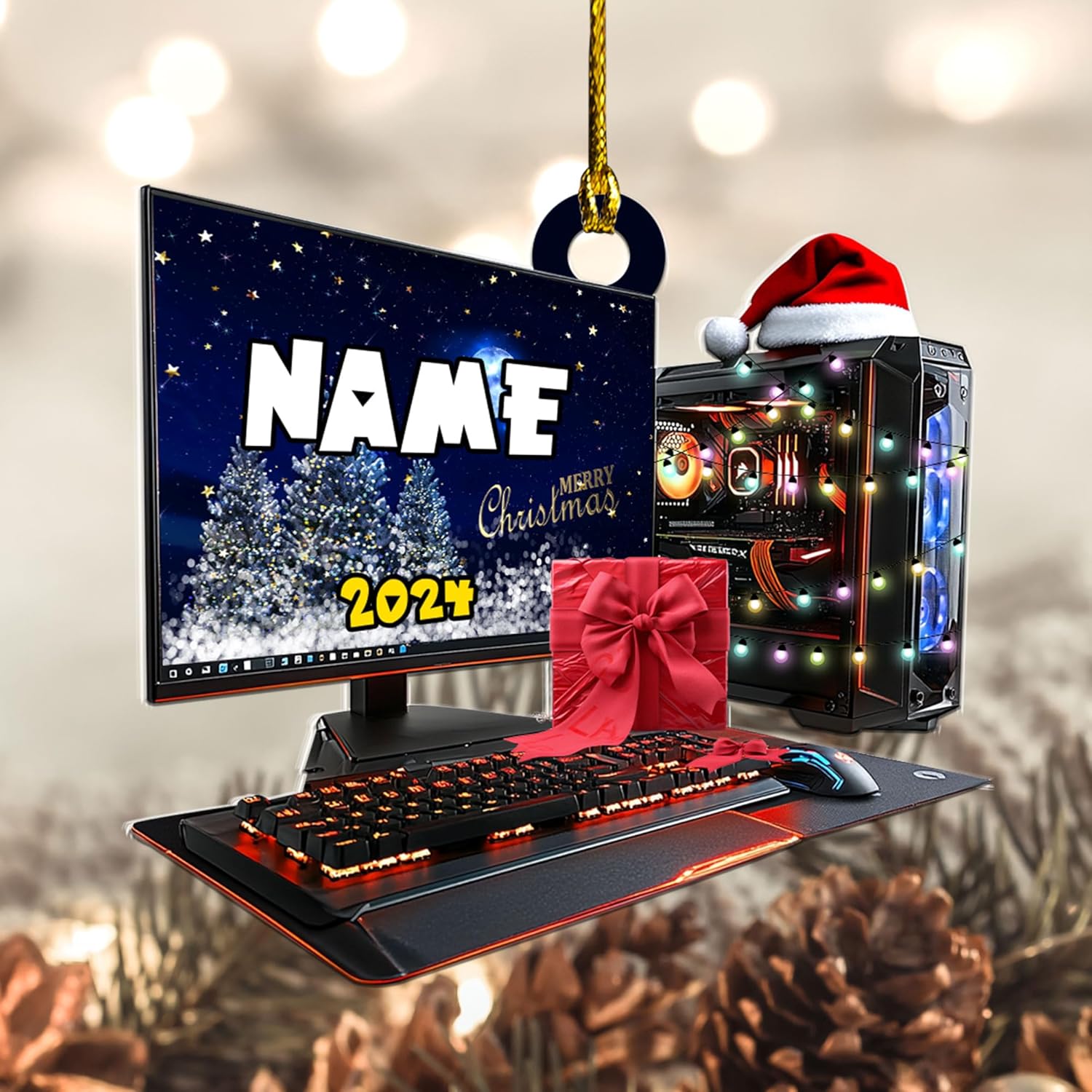 Podagree Personalized Name PC Computer Ornament Christmas, Shape Flat Christmas Ornament for Gamer, Gaming Gamer Christmas Ornament Gift for Boys, PC Game Player Decoration with Custom Name (CP3)
