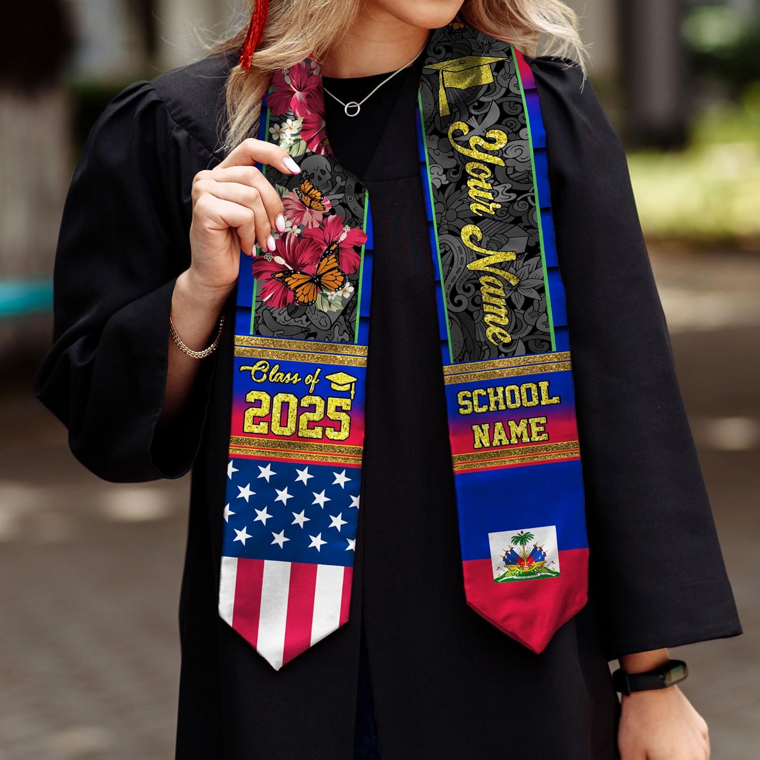 Pretyprints Haitians Graduation Sash, Haiti Graduation Stole Custom, Personalized Haitians American Flag Graduation Sash 2025