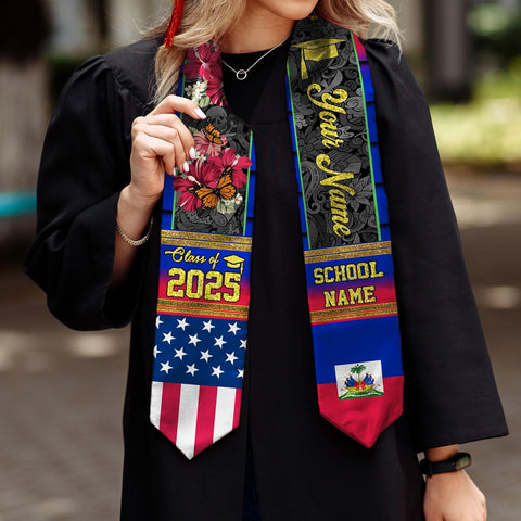 Pretyprints Haitians Graduation Sash, Haiti Graduation Stole Custom, Personalized Haitians American Flag Graduation Sash 2025