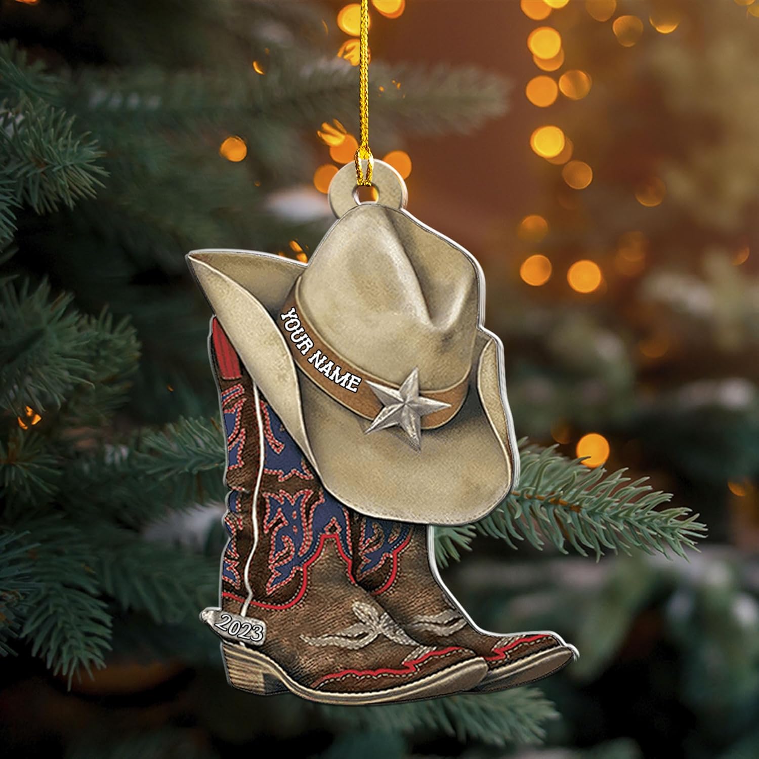 Royalbro Personalized Cowboy Christmas Ornaments, Cowboy Boots and Hat Ornament for Cowboy, Saddle Ornament, Cowboy Cowgirl Horseback Riding Ornament Tree Hanging Ornament (CB 9)