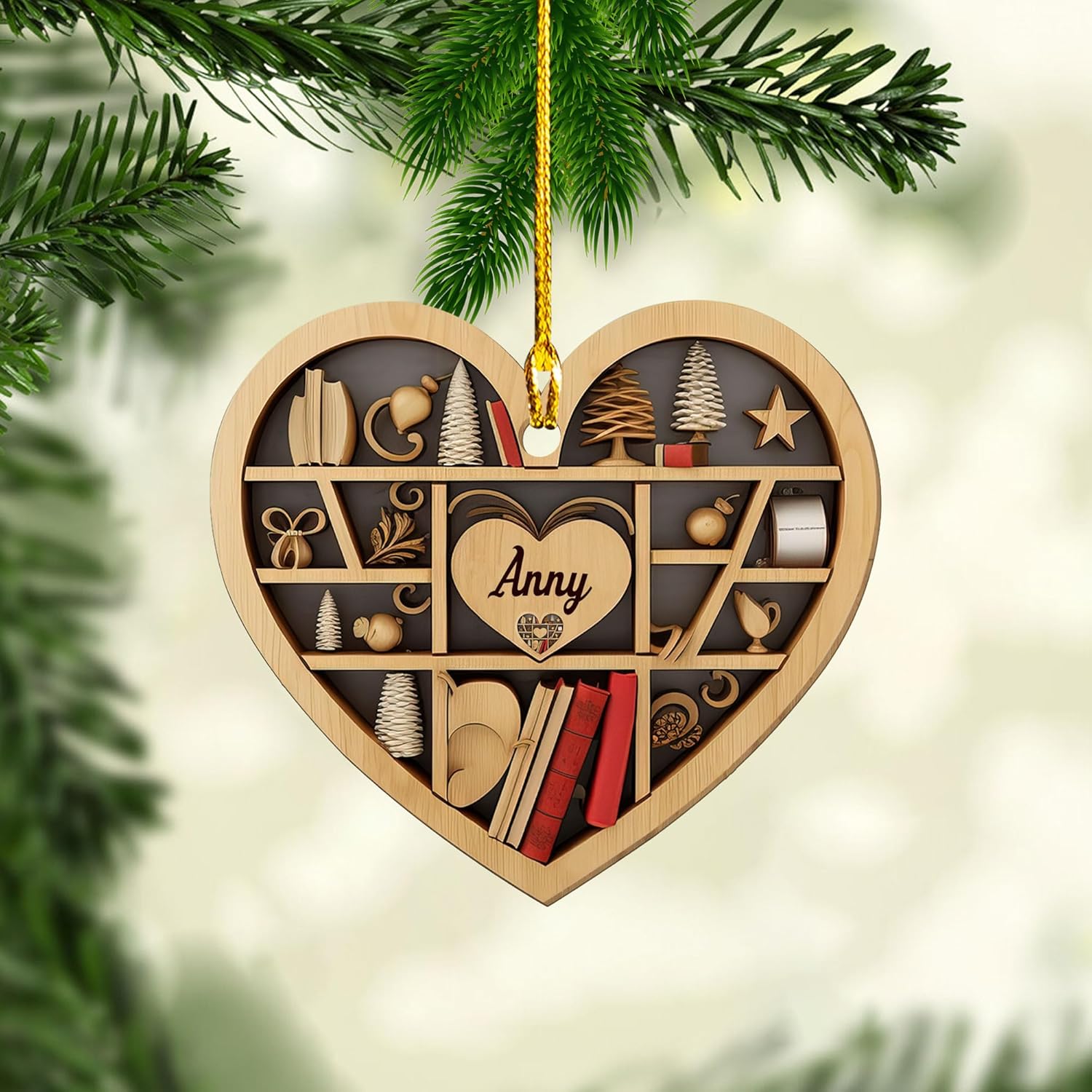 MAPrints Personalized Book Lovers Heart Ornament, Reading Book Xmas Ornament 2024, Bookshelf Printed Wood Ornament Gift for Her Librarian 2D Flat Printed Wood Book Lovers Ornament (Book 4)
