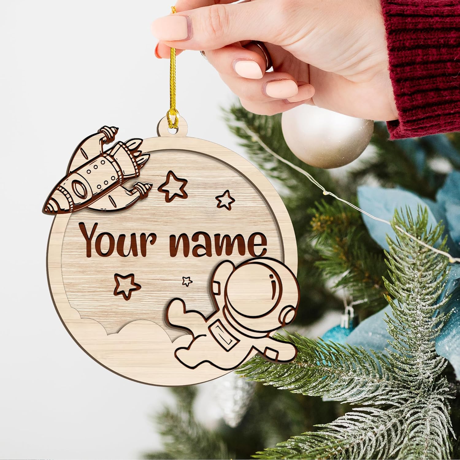 Personalized Astronaut Christmas Ornaments 2024, Rocket Spaceship Ornament, Astronaut Wood 2 layers Ornament, Galaxy Space Astronaut Ornament, Astronaut Resting On Moon Ornament (Astronaut 5)