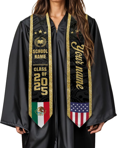 Custom Mexican Graduation Sash, Mexico Graduation Stole Customize Photo, Mexican American Flag Graduation Sash 2025