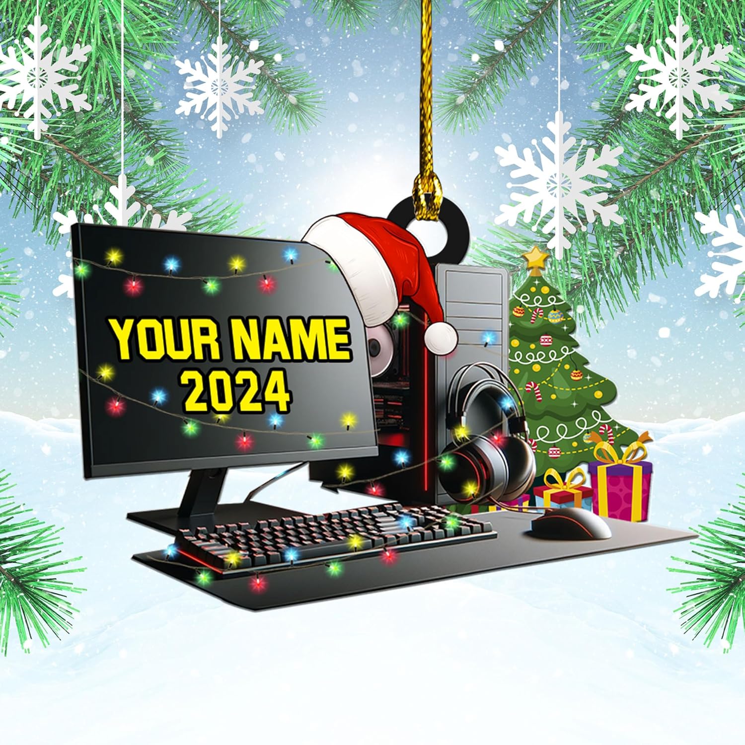 Podagree Personalized Name PC Computer Ornament Christmas, Shape Flat Christmas Ornament for Gamer, Gaming Gamer Christmas Ornament Gift for Boys, PC Game Player Decoration with Custom Name (CPT7)