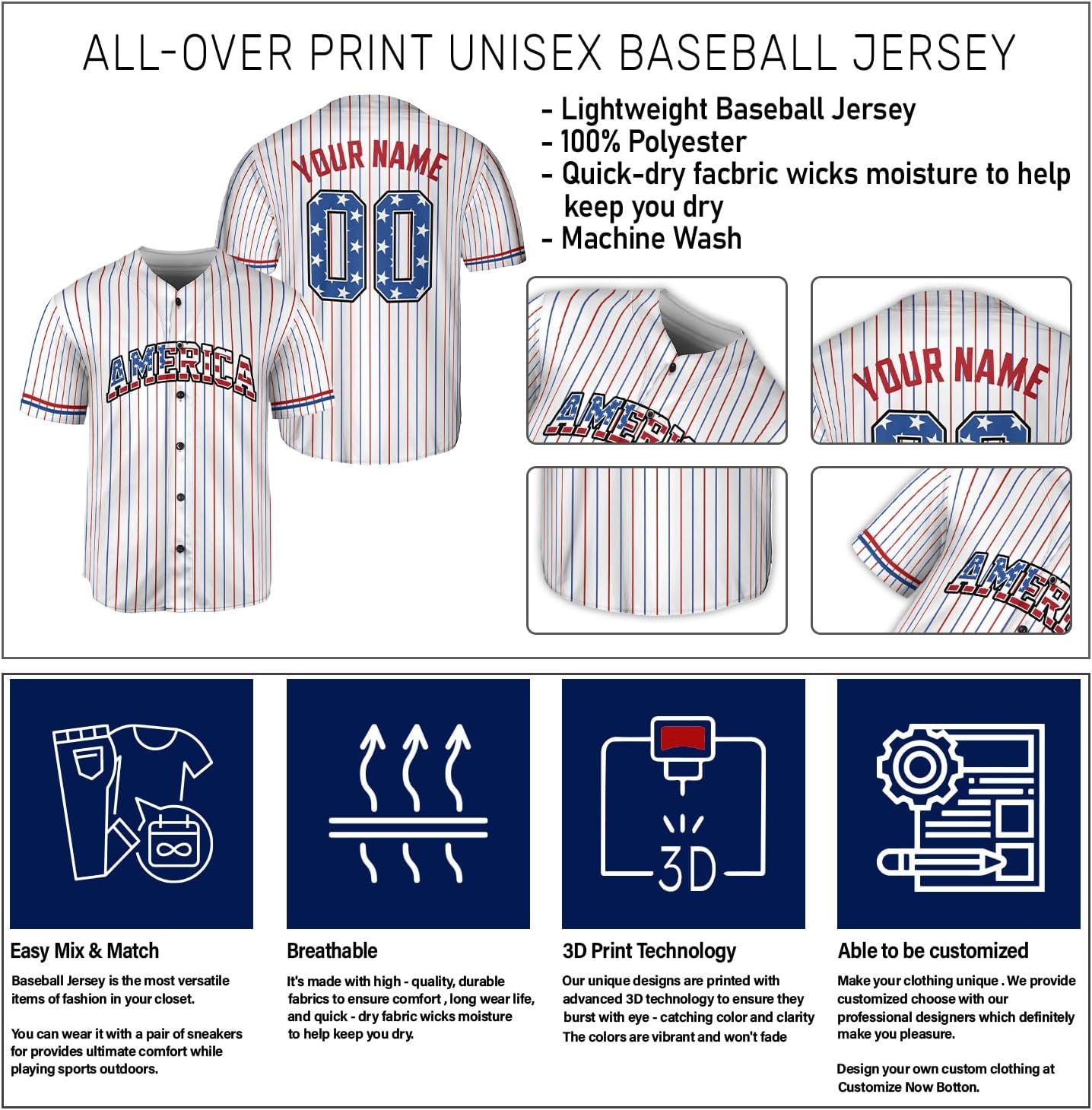 Custom Men American Flag Jersey Men's America Baseball Jerseys Patriotic Jerseys 4th of July Shirts USA Flag America Gifts
