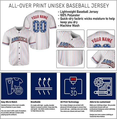 Custom Men American Flag Jersey Men's America Baseball Jerseys Patriotic Jerseys 4th of July Shirts USA Flag America Gifts