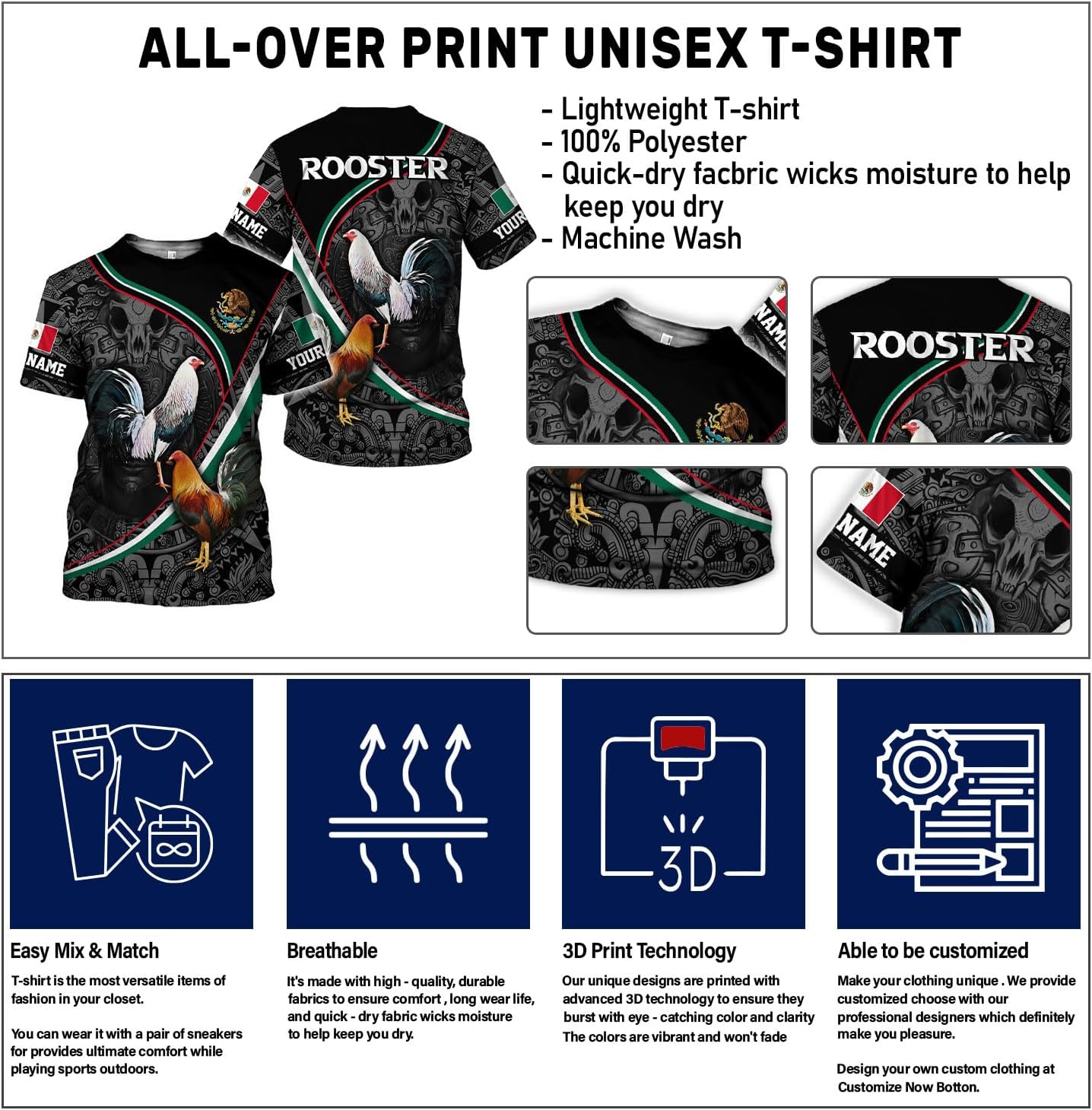 Suseaz Personalized Rooster Shirt Men Women, Men Funny Chicken 3D Printed Vintage Crew Neck Short Sleeve Shirts
