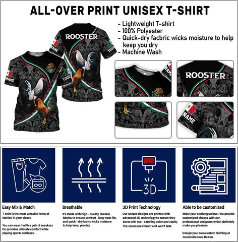 Suseaz Personalized Rooster Shirt Men Women, Men Funny Chicken 3D Printed Vintage Crew Neck Short Sleeve Shirts