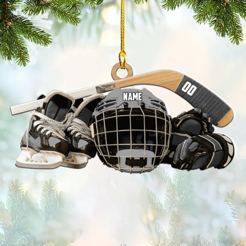 AOVL Personalized Hockey Christmas Ornament, Hockey Skates Helmet and Stick, Hockey Player Ornament, Hockey Ornament, Hockey Flat Ornament, Gift for Hockey Lovers Christmas Tree Decor (HK3)