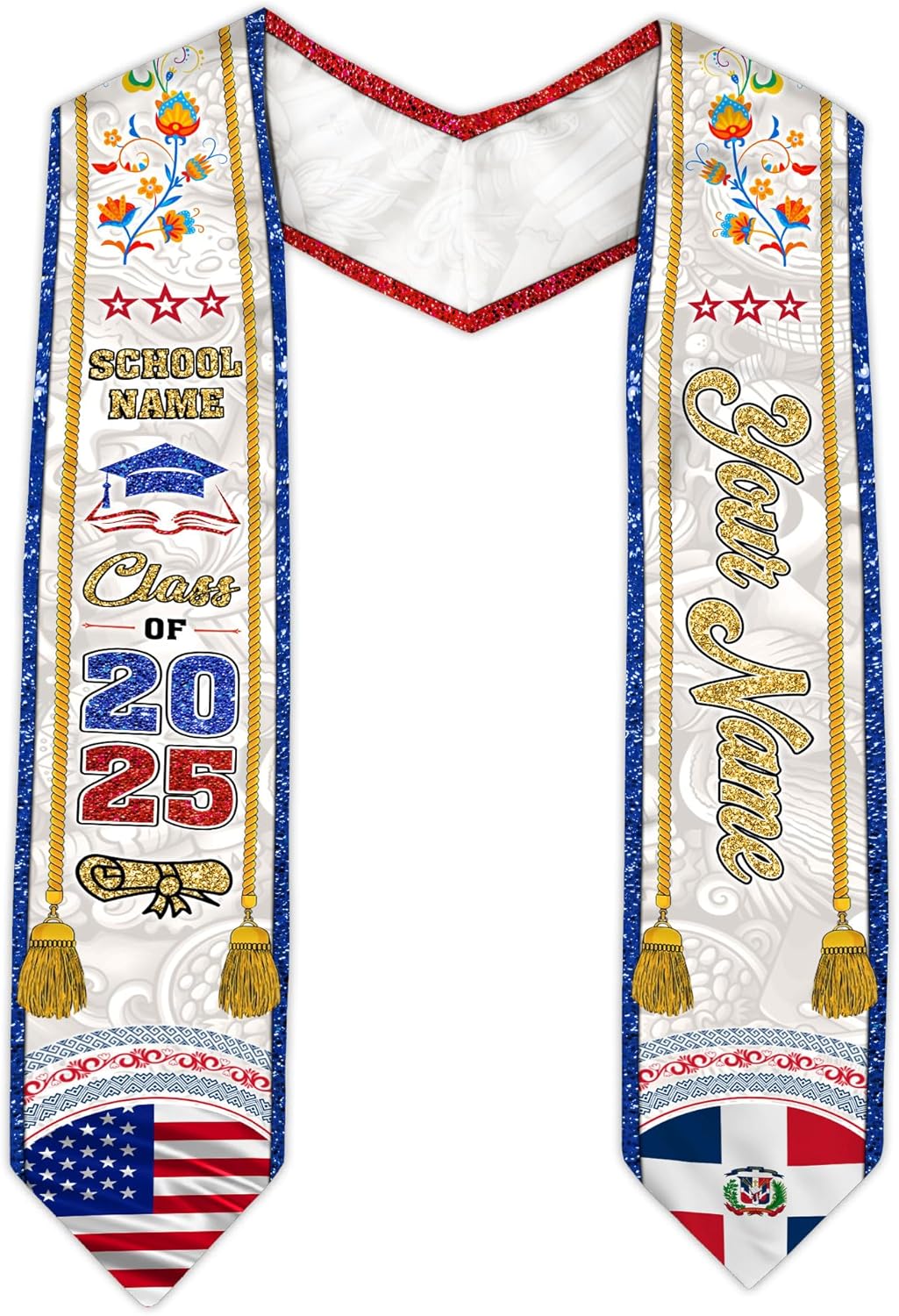 Pretyprints Custom Dominican Sash Graduation, Dominicans Flag Graduation Sash 2025, Dominican Republic Graduation Stole