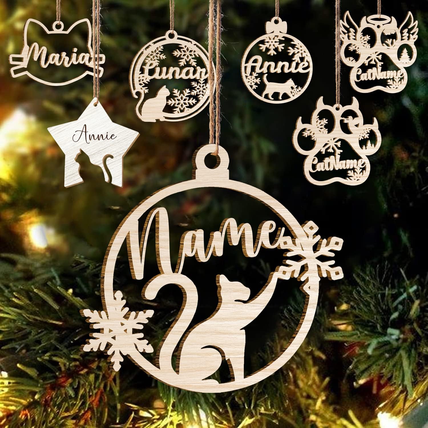Mostefy Personalized Wooden Dog Cat Paw Ornament Christmas, Custom Dogs Cat Suncatcher Pet Name Ornaments, Customized Memorial Dog Ornament for Christmas Tree (Cat 2)