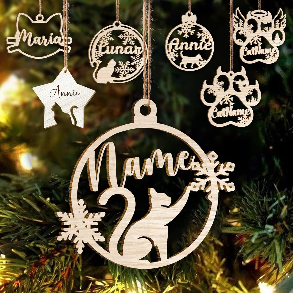 Mostefy Personalized Wooden Dog Cat Paw Ornament Christmas, Custom Dogs Cat Suncatcher Pet Name Ornaments, Customized Memorial Dog Ornament for Christmas Tree (Cat 2)