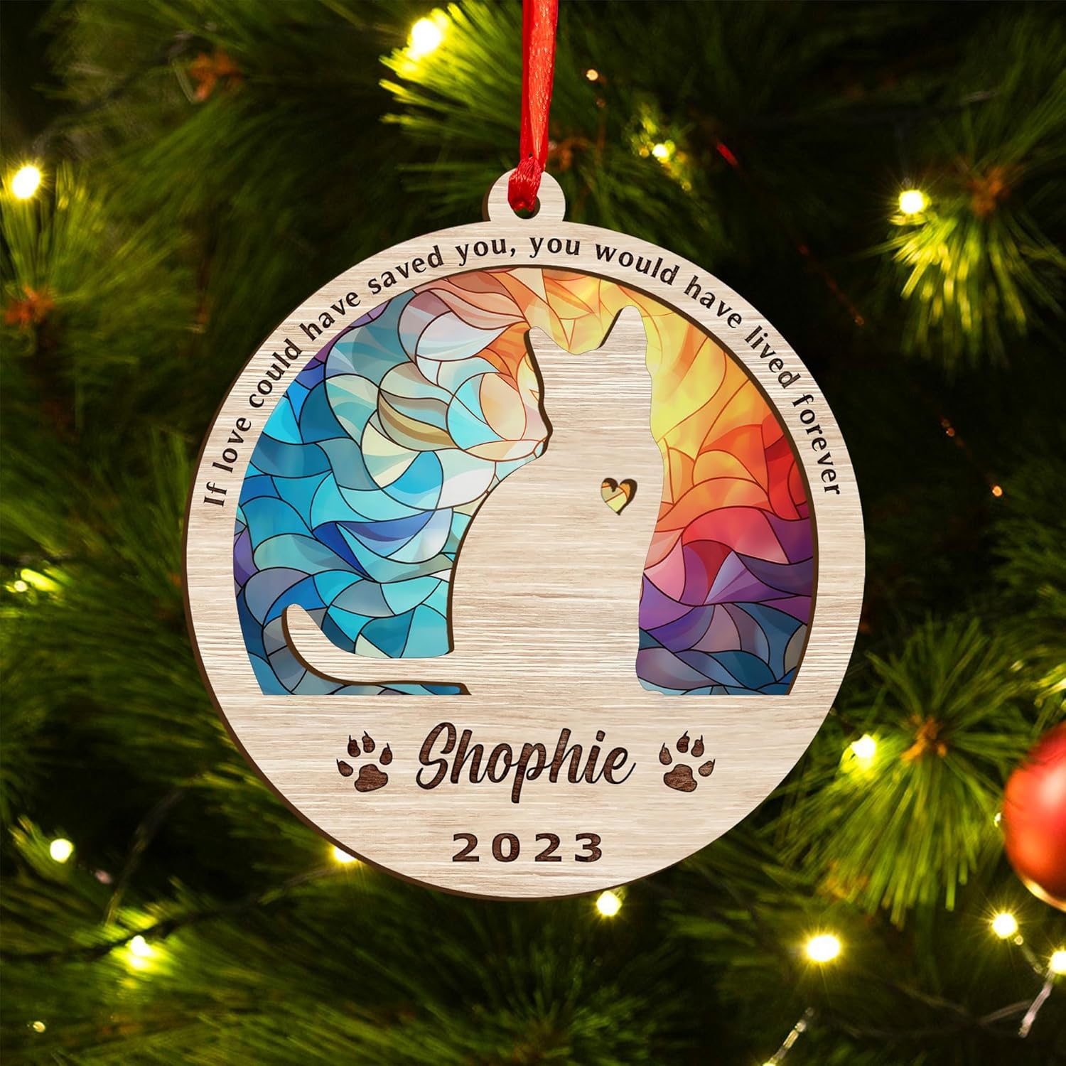 Mostprints Personalized Wooden Dog Cat Paw Ornament Christmas, Custom Dogs Cat Suncatcher Pet Name 2 Layers Ornaments, Customized Memorial Dog Ornament for Christmas Tree (Suncatcher 1)
