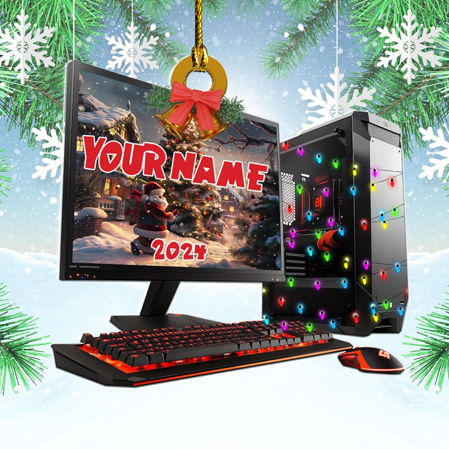 Podagree Personalized Name PC Computer Ornament Christmas, Shape Flat Christmas Ornament for Gamer, Gaming Gamer Christmas Ornament Gift for Boys, PC Game Player Decoration with Custom Name (CP5)