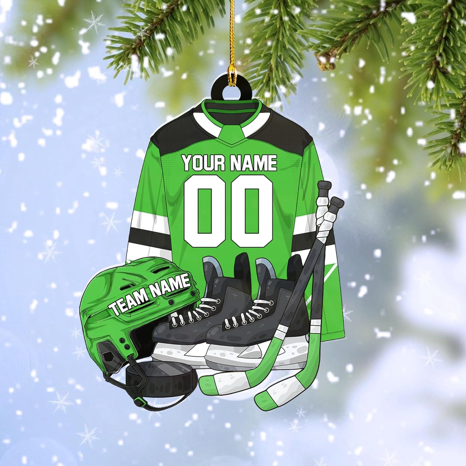 AOVL Personalized Hockey Christmas Ornament, Hockey Skates Helmet and Stick, Hockey Player Ornament, Hockey Ornament, Hockey Flat Ornament, Gift for Hockey Lovers Christmas Tree Decor (Hockey 13)