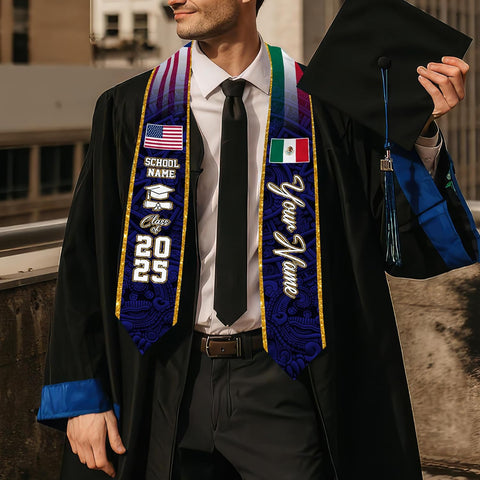Custom Mexican Graduation Sash, Mexico Graduation Stole Customize Photo, Mexican American Flag Graduation Sash 2025