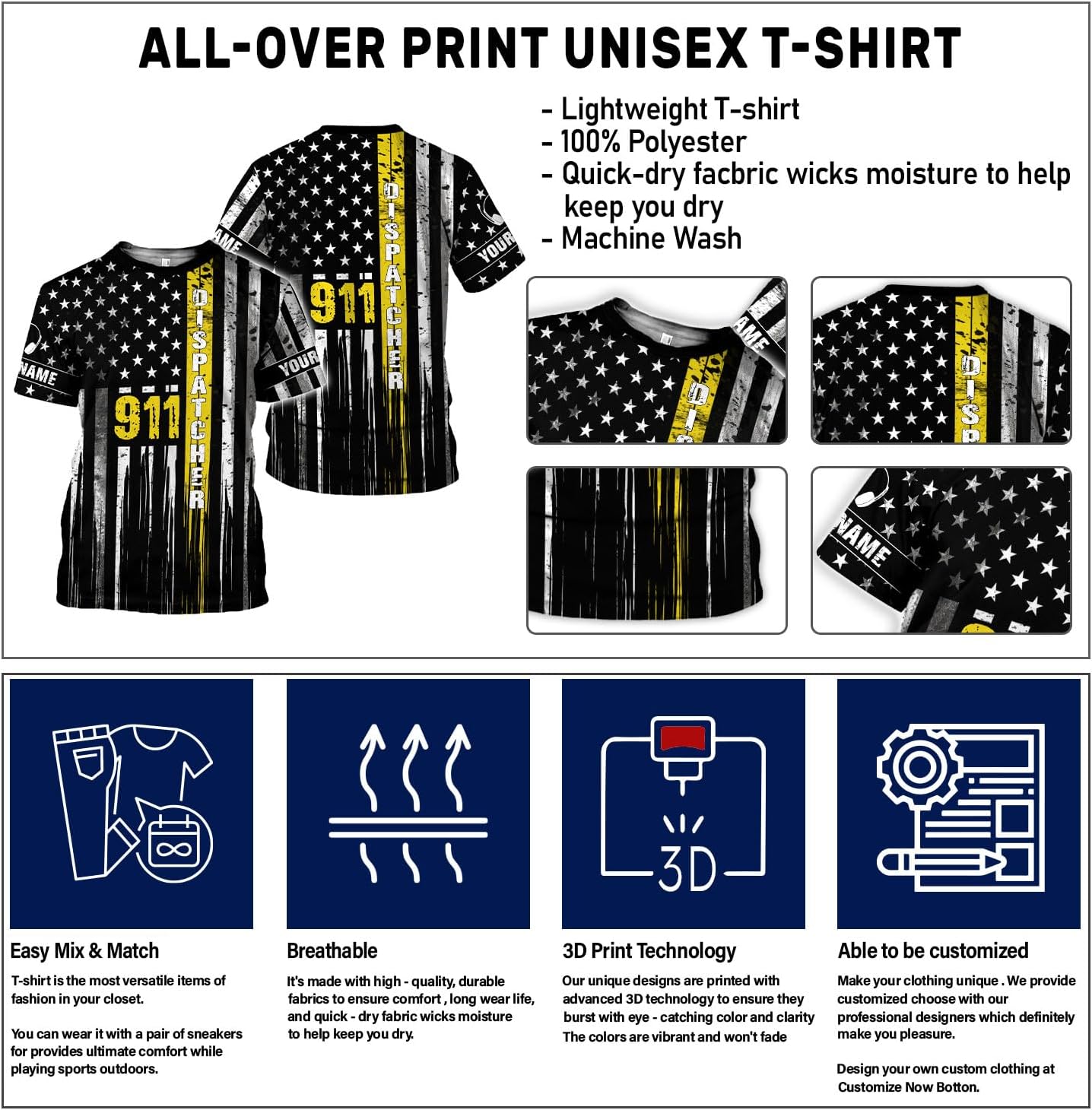 Personalized 911 Dispatcher 3D Shirt, Custom Dispatcher 3D T-Shirt, Thin Gold Line Flag 3D Shirts, Dispatcher Hoodie for Men