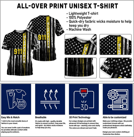 Personalized 911 Dispatcher 3D Shirt, Custom Dispatcher 3D T-Shirt, Thin Gold Line Flag 3D Shirts, Dispatcher Hoodie for Men