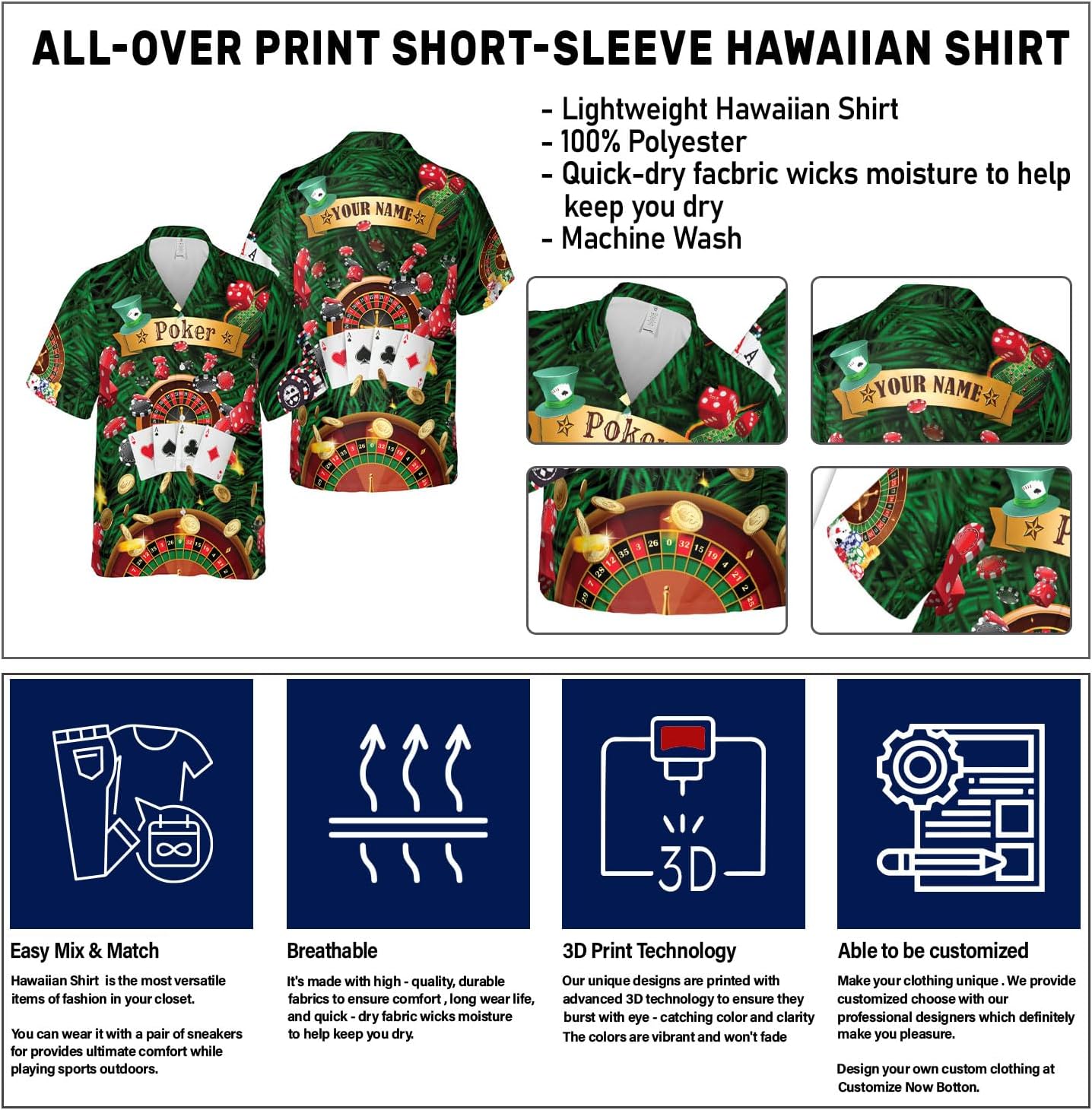 Custom Poker Hawai Shirts for Men Poker Hawaiian Shirt Gambling Casino Fire Short Sleeve Button Down Shirt Summer Beach Shirt