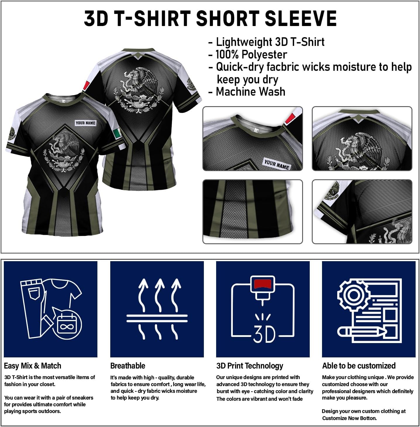 Rivelus Personalized Name Mexican Shirts for Men, Customized Mexico Shirts for Men, Mexico Shirts for Women Mexico Shirt