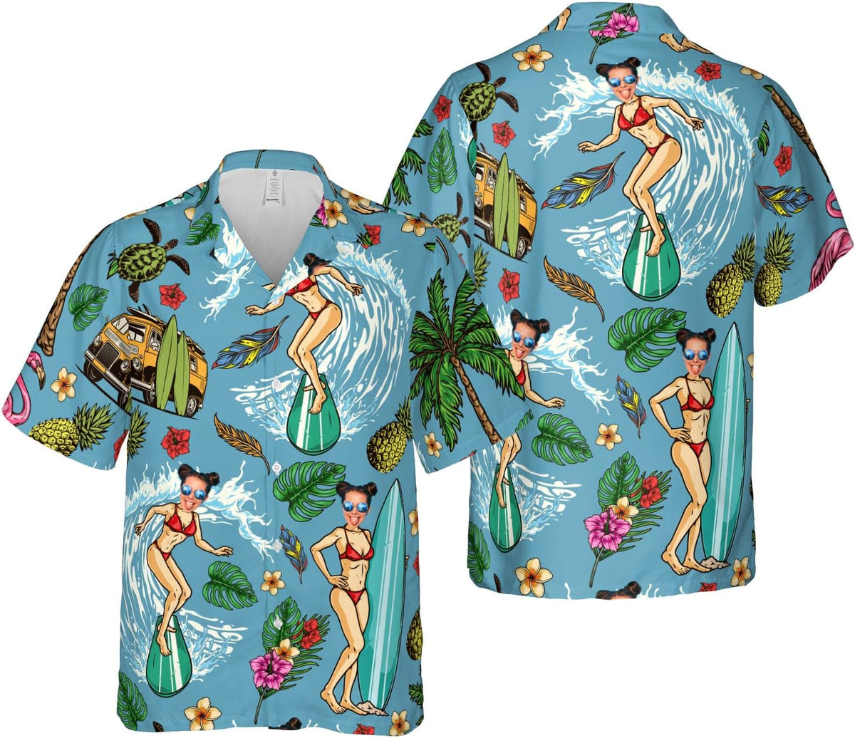 Customized Tropical Floral Hawaiian Shirt with Face for Men and Women, Wife's Husband\u2019s Photo Aloha Beach Fruit Flower Shirts