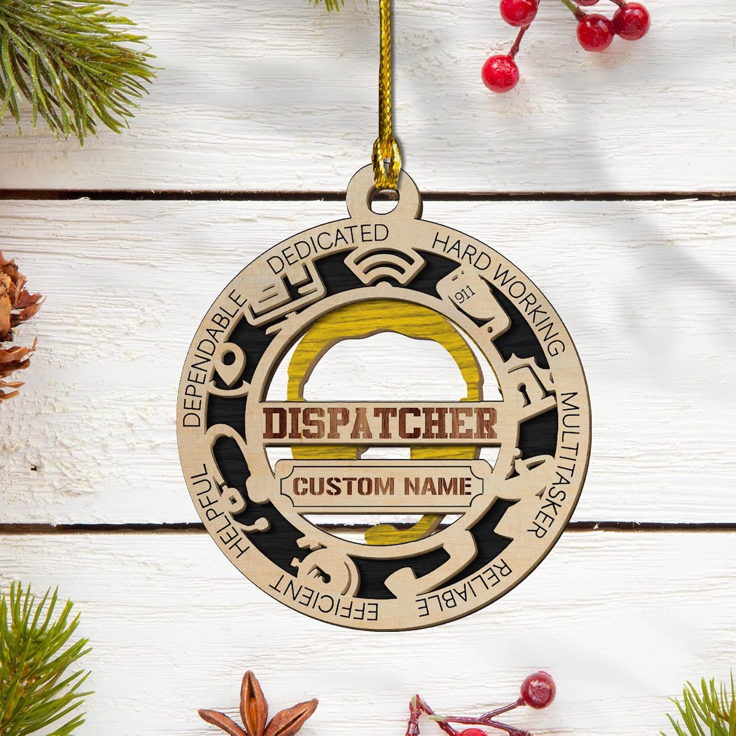 Personalized 911, Dispatch, Emergency 911, Dispatcher Ornament, 911 Ornament Thin Gold Line Dispatcher Christmas Ornament Our First (DP2)